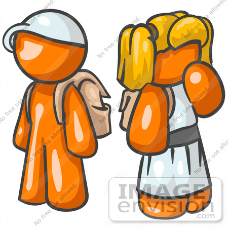 #34430 Clip Art Graphic of an Orange Character School Children Waiting At The Bus Stop by Jester Arts