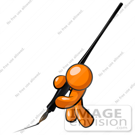 #34432 Clip Art Graphic of an Orange Guy Character Writing A Letter With A Large Ink Pen by Jester Arts