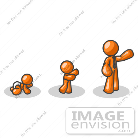 #34435 Clip Art Graphic of an Orange Guy Character Growing From A Baby To A Man by Jester Arts