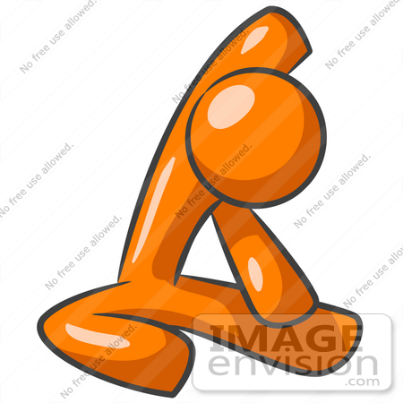 #34440 Clip Art Graphic of an Orange Guy Character Doing Yoga Stretches While Exercising by Jester Arts