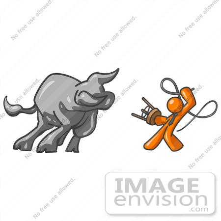 #34441 Clip Art Graphic of an Orange Guy Character Fighting Off A Bull With A Whip And Stool by Jester Arts