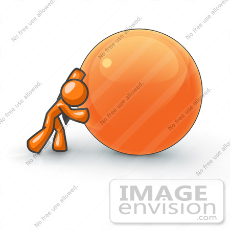 #34443 Clip Art Graphic of an Orange Guy Character Struggling To Push A Large Ball by Jester Arts
