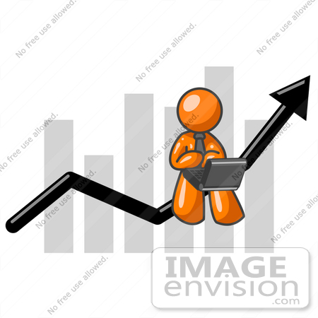 #34450 Clip Art Graphic of an Orange Guy Character Working On A Laptop And Riding Upwards On An Arrow Over A Bar Graph by Jester Arts