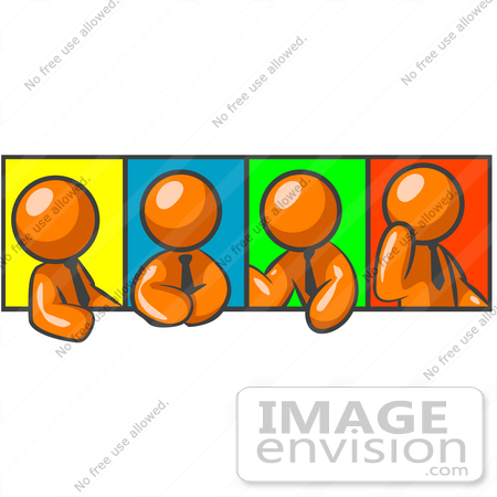 #34451 Clip Art Graphic of an Orange Guy Character In A Business Tie, Shown In Four Different Poses by Jester Arts