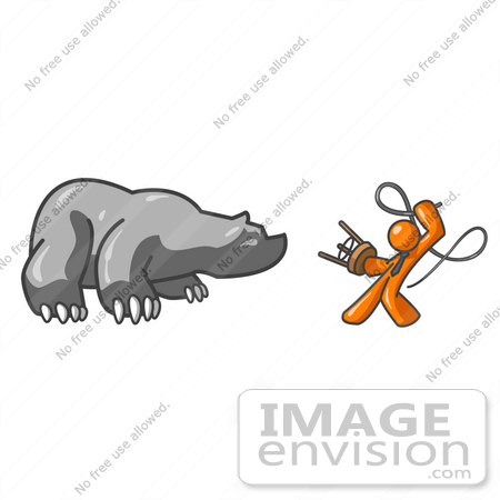 #34452 Clip Art Graphic of an Orange Guy Character Fighting Off A Bear With A Stool And Whip by Jester Arts