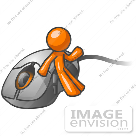 #34453 Clip Art Graphic of an Orange Guy Character Waving And Leaning Against A Computer Mouse by Jester Arts
