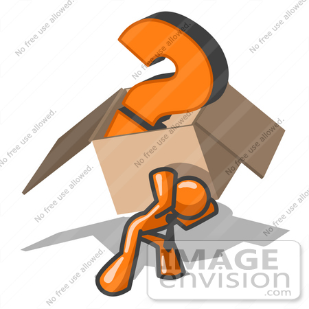 #34460 Clip Art Graphic of an Orange Guy Character Carrying A Heavy Box With A Question Mark by Jester Arts