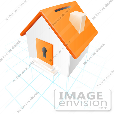 #34461 Clip Art Graphic of an orange and white home with a coin slot roof and keyhole dor, on top of a grid by Jester Arts