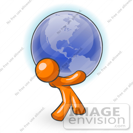 #34462 Clip Art Graphic of an Orange Guy Character Carrying A Heavy Blue Globe by Jester Arts