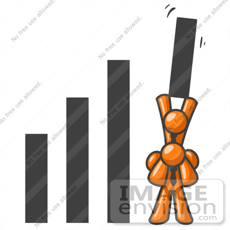#34465 Clip Art Graphic of an Orange Guy Character Lifting His Business Partner To Hold Up The Tallest Line On A Bar Graph by Jester Arts