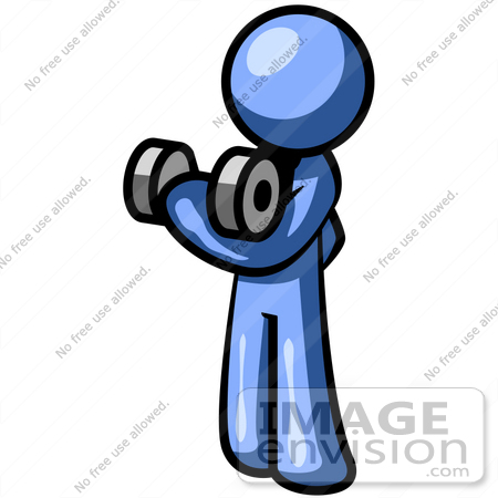 #34474 Clip Art Graphic of a Blue Guy Character Working Out With Dumbells by Jester Arts