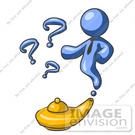 #34482 Clip Art Graphic of a Blue Genie Guy Character Emerging From A Golden Lamp With Three Available Wishes For His Master by Jester Arts