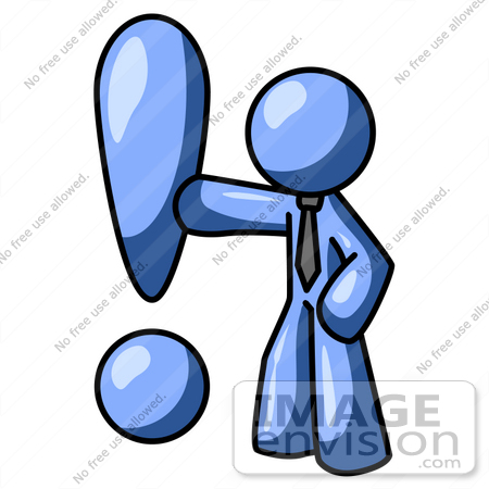 #34490 Clip Art Graphic of a Blue Guy Character Leaning Against Or Punching An Exclamation Point by Jester Arts