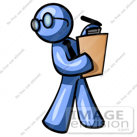 #34491 Clip Art Graphic of a Blue Guy Character Wearing Spectacles And A Business Tie And Carrying A Pen And Clipboard While Reviewing Workers by Jester Arts