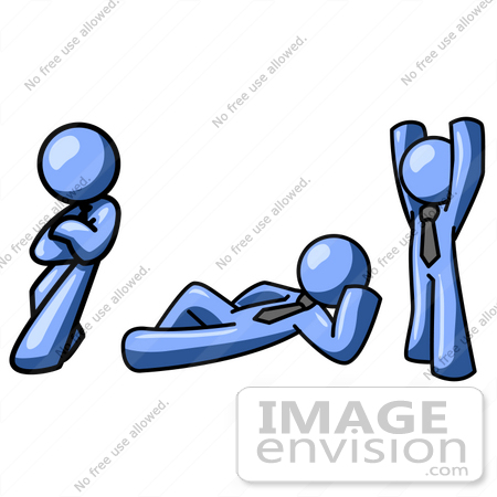 #34493 Clip Art Graphic of a Blue Guy Character In Three Poses, Leaning, Laying Down And Stretching by Jester Arts