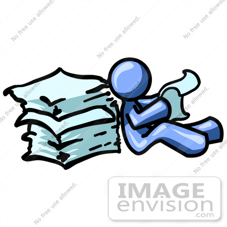 #34495 Clip Art Graphic of a Blue Guy Character Reading A Stack Of Papers by Jester Arts