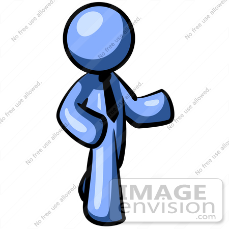 #34496 Clip Art Graphic of a Blue Guy Character Wearing A Business Tie And Pointing by Jester Arts