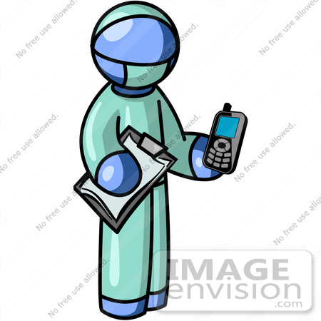#34497 Clip Art Graphic of a Blue Guy Character Doctor Holding A Cell Phone And Clipboard by Jester Arts