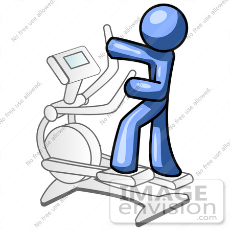 #34512 Clip Art Graphic of a Blue Guy Character Working Out On An Eliptical Trainer by Jester Arts