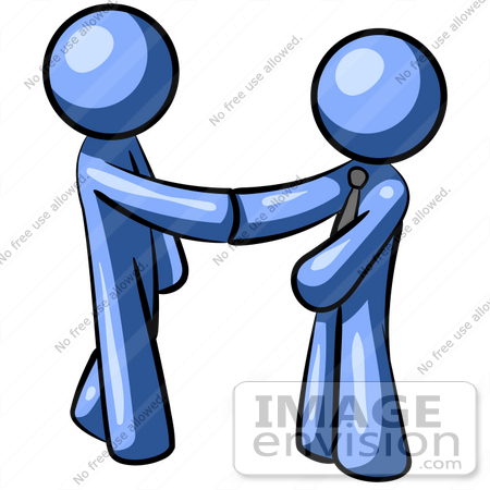 #34513 Clip Art Graphic of a Blue Guy Character Shaking Hands With A Client by Jester Arts