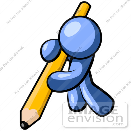 #34515 Clip Art Graphic of a Blue Guy Character Leaning Heavily While Writing With A Giant Pencil by Jester Arts
