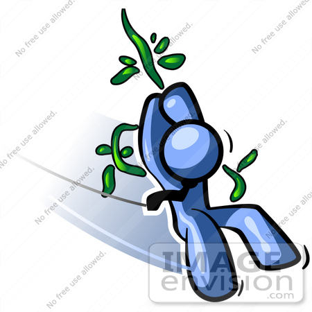 #34519 Clip Art Graphic of a Blue Guy Character Swinging On A Vine Like Tarzan by Jester Arts