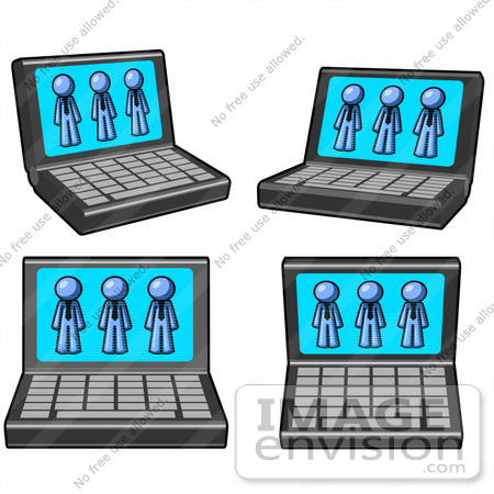 #34530 Clip Art Graphic of Blue Guy Characters Displayed On Laptop Computer Monitors by Jester Arts