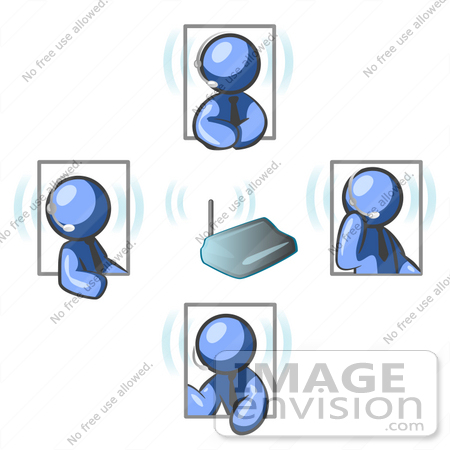 #34532 Clip Art Graphic of Blue Guy Characters In Four Poses, Holding A Meeting With Headsets by Jester Arts