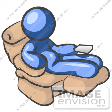 #34535 Clip Art Graphic of a Blue Guy Character With A Belly, Sitting In A Reclining Chair by Jester Arts
