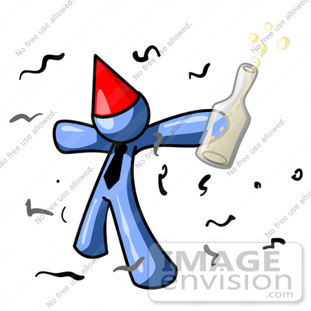 #34537 Clip Art Graphic of a Blue Guy Character In A Party Hat, Getting Drunk At A New Year Or Birthday Party by Jester Arts