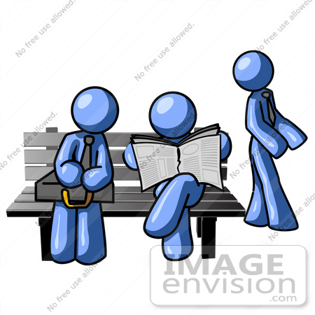 #34539 Clip Art Graphic of Blue Guy Characters Waiting At A Bus Stop Bench, Standing, Reading A Newspaper And Sitting by Jester Arts