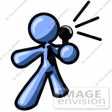 #34543 Clip Art Graphic of a Blue Guy Character Announcing Through A Microphone by Jester Arts