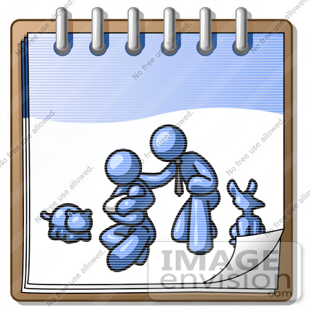 #34545 Clip Art Graphic of a Blue Guy Character Kneeling With His Family And Pets On A Notepad by Jester Arts