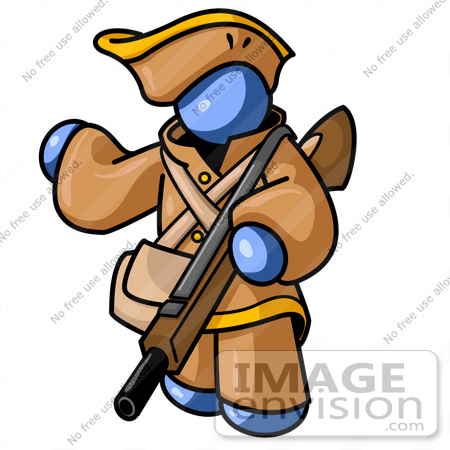 #34547 Clip Art Graphic of a Blue Guy Character In Historical Clothing, Holding A Rifle And Pointing by Jester Arts