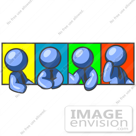 #34548 Clip Art Graphic of a Blue Guy Character In A Business Tie, Shown In Four Different Poses by Jester Arts