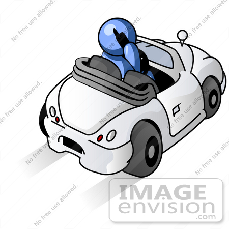 #34559 Clip Art Graphic of a Blue Guy Character Talking On A Cellphone And Driving by Jester Arts