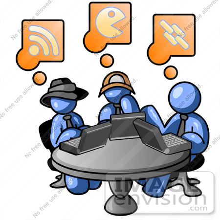 #34564 Clip Art Graphic of Blue Guy Characters On Laptops At A Table by Jester Arts