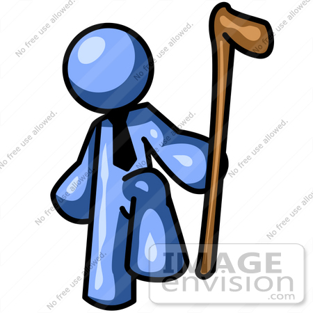 #34568 Clip Art Graphic of a Blue Guy Character Lifting His Foot And Holding A Cane by Jester Arts