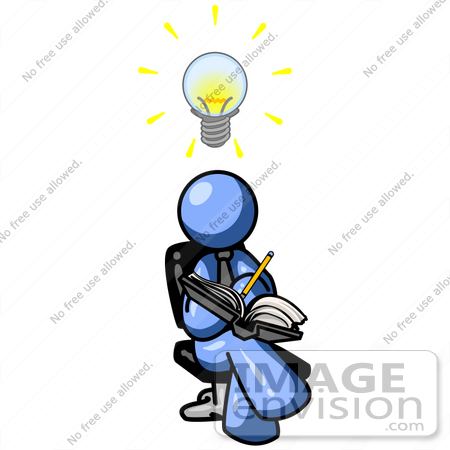 #34582 Clip Art Graphic of a Blue Guy Character Writing Ideas Down by Jester Arts