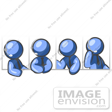 #34583 Clip Art Graphic of a Blue Guy Character Speaking To Clients On A Headset by Jester Arts