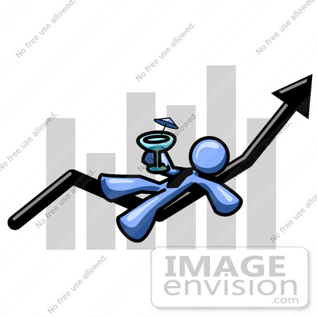 #34585 Clip Art Graphic of a Blue Guy Character On An Arrow, Drinking A Martini Over A Bar Graph by Jester Arts