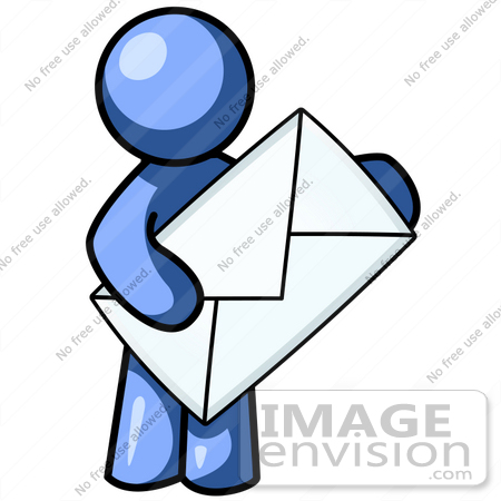 #34593 Clip Art Graphic of a Blue Guy Character Holding An Envelope by Jester Arts