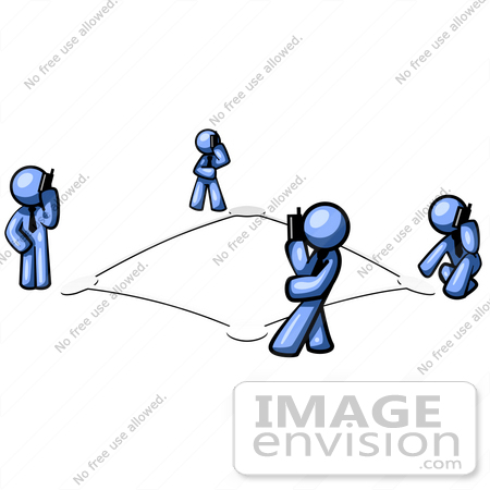 #34595 Clip Art Graphic of Blue Guy Characters On Bases, Talking On Cell Phones by Jester Arts