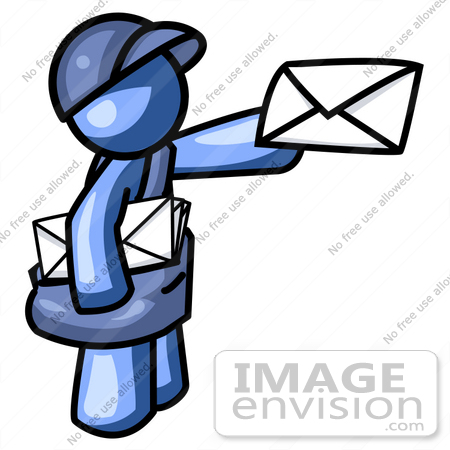#34598 Clip Art Graphic of a Blue Guy Character Mailman Delivering A Letter by Jester Arts