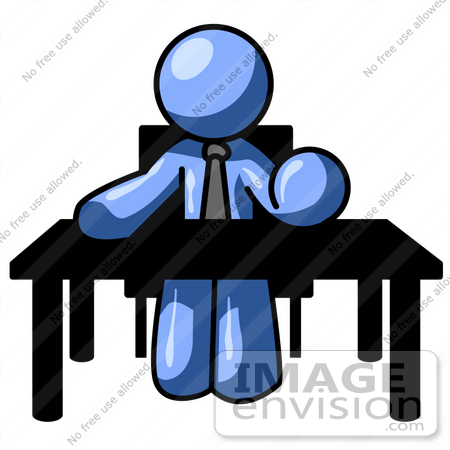 #34609 Clip Art Graphic of a Blue Guy Character Sitting At A Desk by Jester Arts
