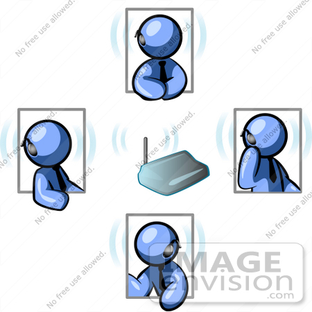 #34611 Clip Art Graphic of a Blue Guy Character In Four Poses, Chatting On A Headset by Jester Arts