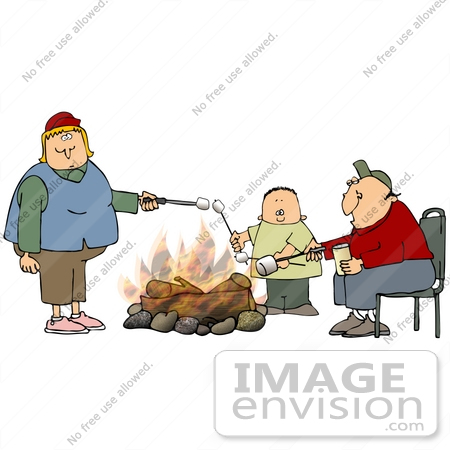 #34615 Clip Art Graphic of a Caucasian Family With A Single Boy Child, Roasting Marshmallows Over A Campfire by DJArt