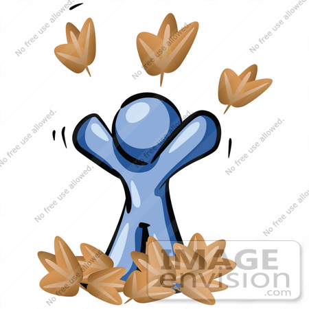 #34621 Clip Art Graphic of a Blue Guy Character Playing In Fall Leaves, Throwing Them Up In The Air On A Happy, Carefree Autumn Day by Jester Arts