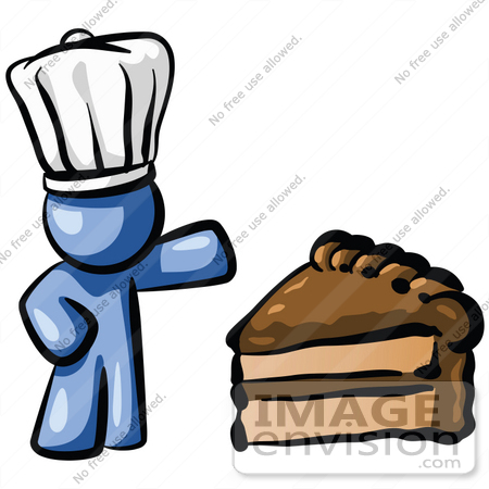 #34622 Clip Art Graphic of a Blue Guy Character Wearing A Chefs Hat And Showing Off A Tasty Frosted Slice Of Chocolate Cake by Jester Arts