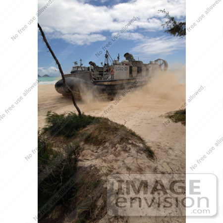 #35246 Stock Photo of a Landing Craft Air Cushion From Beach Master Unit One Driving Onto The Beach At Bellows Air Force Station, Hawaii by JVPD